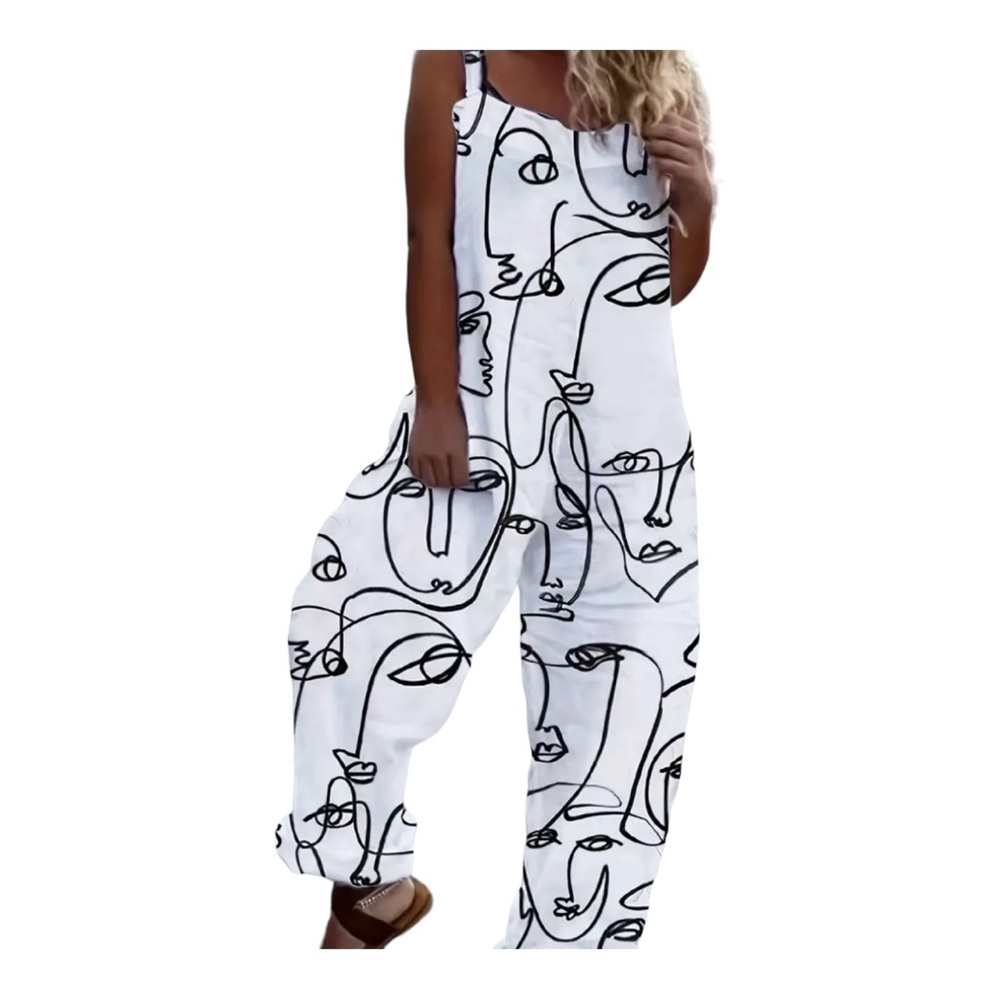 NORACORA ABSTRACT FACE OVERSIZED CASUAL JUMPSUIT OVERALLS BLACK WHITE XL NWT